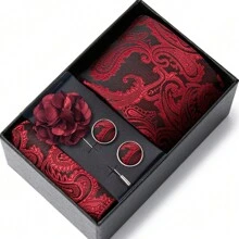 AlanKing 1套绿色领带、手帕、袖扣套装，适合男士商务风格礼盒休闲男士领带 - 混色 - 查看 18