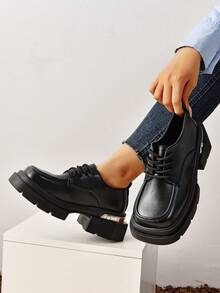 女式時尚綁帶皮革鞋,厚底英倫風格,復古風格萬用方頭粗跟防水台高跟鞋 - 黑色 - 查看 3