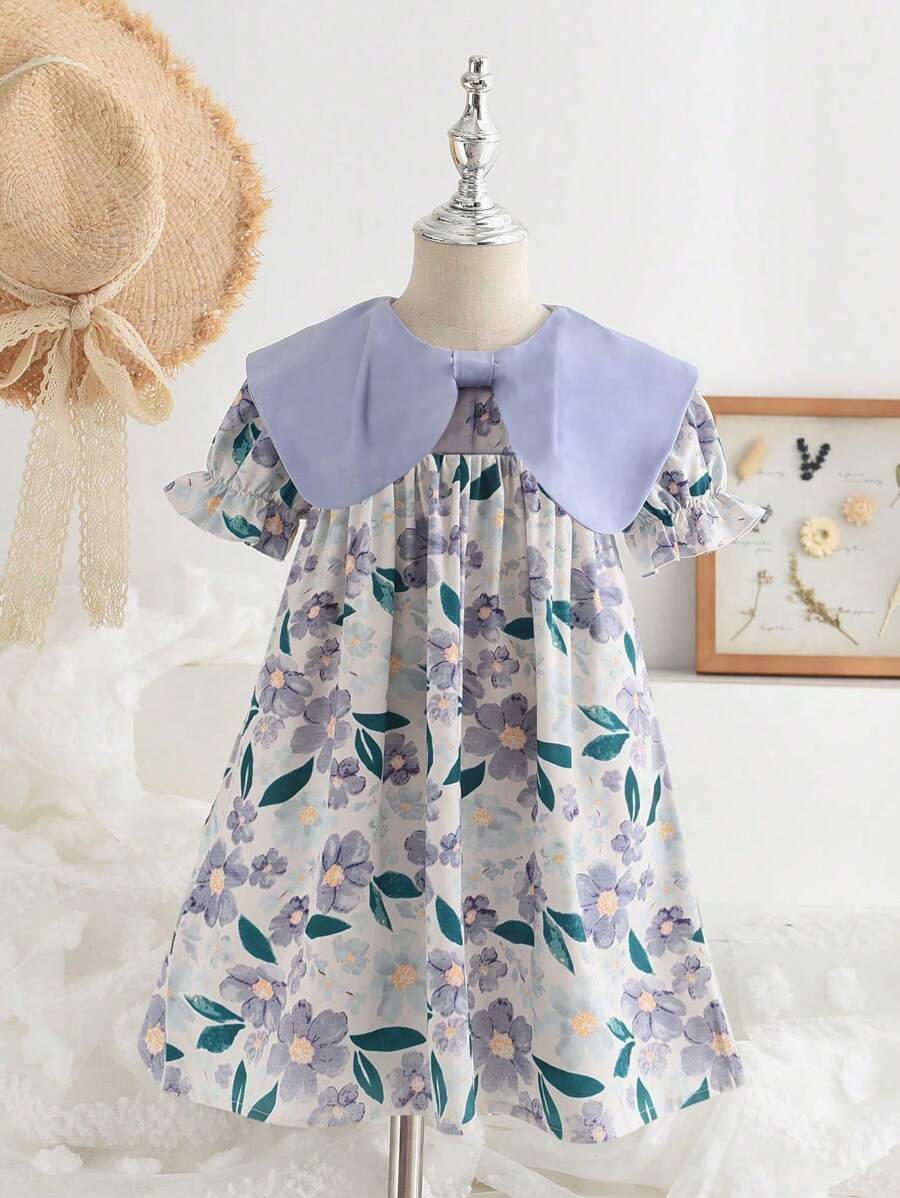 小女童印花誇大領口連衣裙 - 彩色 - 查看 1