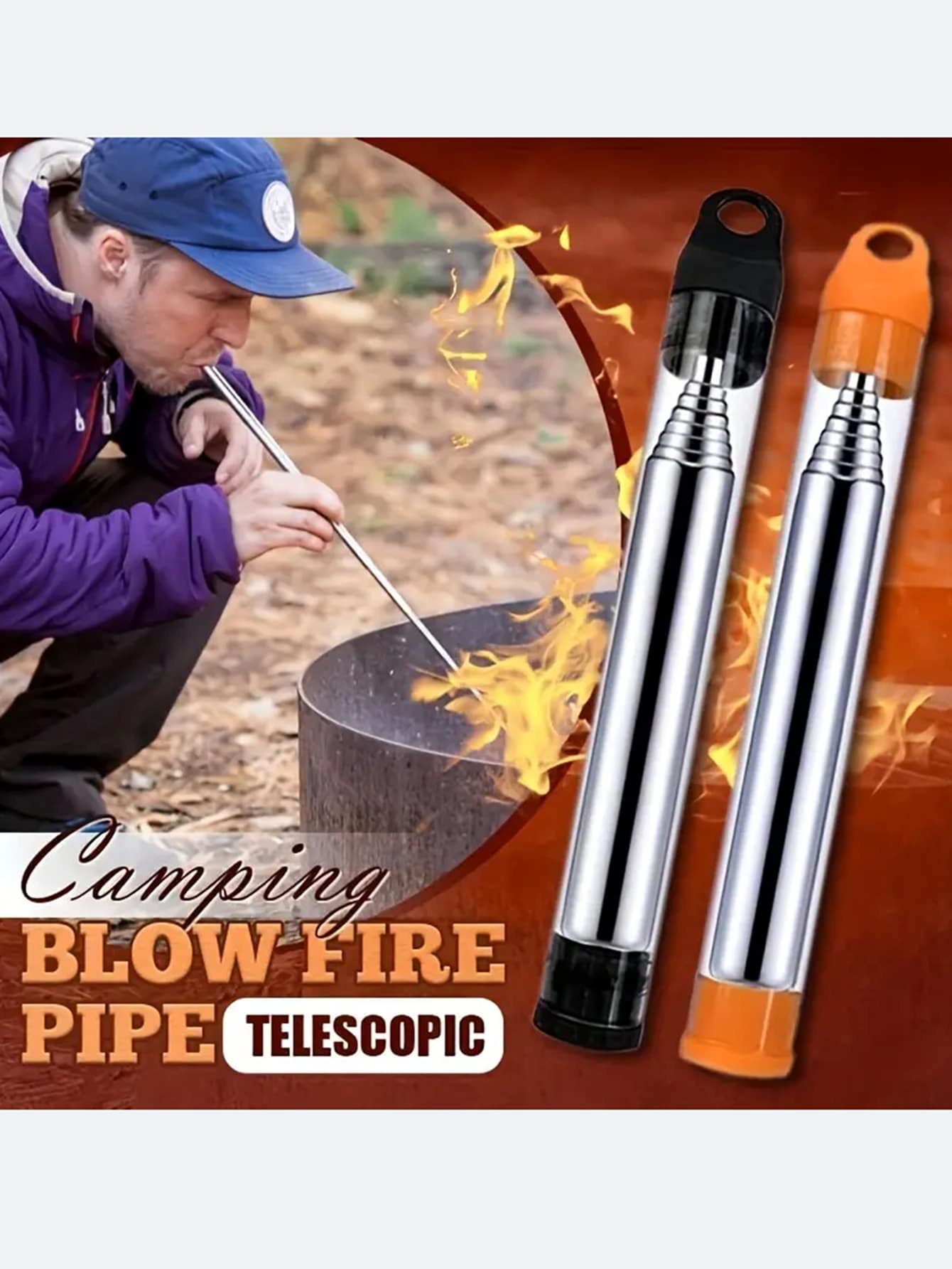 Outdoor Camping Bbq Fire Starter Kit, Portable Stainless Steel Extendable Blow Pipe, Blow Rod, Camping Tools! - Black - View 1