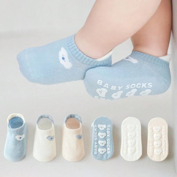 3pairs Baby Cartoon Print Anti-Slip Step Socks With Adhesive Sole - Blue - View 1