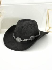 1pc Unisex PU Leather Western Cowboy Hat, Matched With Unique 3D Metal Buckle Hatband Belt Chain, Retro Steampunk Accessory, Gift For Men, Suitable For Party, Western-Themed Activities, Gatherings, Cosplay, Graduation Ceremonies, Costume Parties, Festivals, And Music Festivals Halloween
