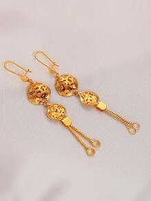 1雙時尚法式中空花卉設計鍍金銅垂墜耳環,配鏈,適合女性,歐美風格多用途銅質耳環 - 金色 - 查看 3