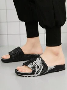 男式夏季拖鞋，時尚戶外防滑迷彩圖案防滑溜板，舒適透氣沙灘涼鞋（黑色） - 黑色 - 查看 5