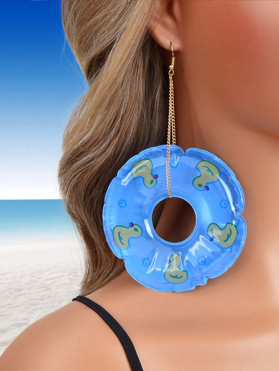 1pair Funny Duck Pattern Blue Swimming Ring Round Big Dangle Earrings For Women Holiday Accessories - Multicolor - View 1