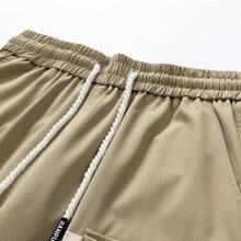 Pantalones Rectos De Bolsillo De Flip Con Cordón De Cintura Elástica Para Hombres
