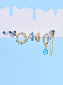 7 Pièces/set Boucles D'oreilles Délicates Pour Femmes En Zircone Cubique Bleue De Tonalité Bleu Mer, Adaptées Pour Les Fêtes, Les Vacances, Les Rendez-vous Ou Les Mariages - Or jaune - Voir 3