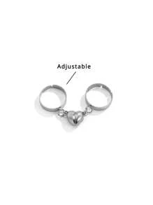 2pcs Magnetic Attraction Heart Shaped Ring Set, Adjustable Plain Band Opening Ring With Chain, Couple Rings Valentines,Mom,Mother,Mother's Day,Gift - Silver - View 5