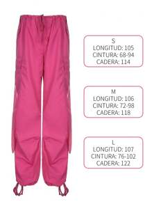 Calle Suelto Cordón Flutter Pantalones de trabajo Pantalones de pierna ancha Pantalones casuales con bolsillos de solapa Cintura baja Cordón de pierna ancha Pantalones de paracaidista - Rosa Fucsia - Ver 11