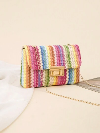 Chain Shoulder Bag Women's Small Square Woven Colorful Bag, Spring/Summer Casual Beach Bag For Women Large Capacity
