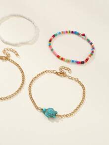 4入組兒童夏季海灘多彩米珠與海龜元素腳鍊套裝 - 彩色 - 查看 7