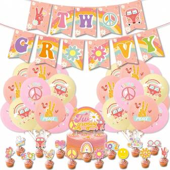 16pcs Bohemian-Themed Hippie Groovy Birthday Party Decoration, Including Balloons, Bunting, Cake Toppers, And Flags