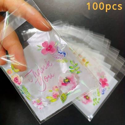 100 个零食袋、自粘花礼品袋、透明玻璃纸零食袋、糖果饼干曲奇袋、节日生日派对礼品、商务、餐厅、家庭使用、烘焙工具、厨房配件（小号 7cm*7cm、中号 10cm*10cm、长号 14cm*14cm）