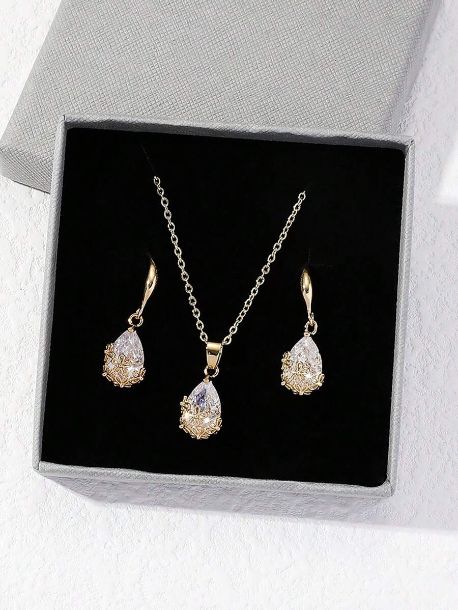 Hihho 3pcs/Set Stainless Steel Waterdrop Necklace For Women With Rhinestone Pendant,Waterdrop Design Stud Earrings