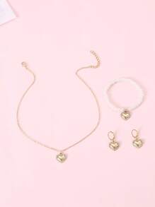 4pcs/Set Girls' Heart Necklace Bracelet Ring Jewelry Set