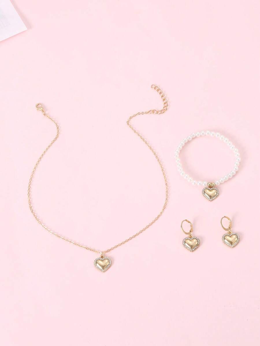 4pcs/Set Girls' Heart Necklace Bracelet Ring Jewelry Set