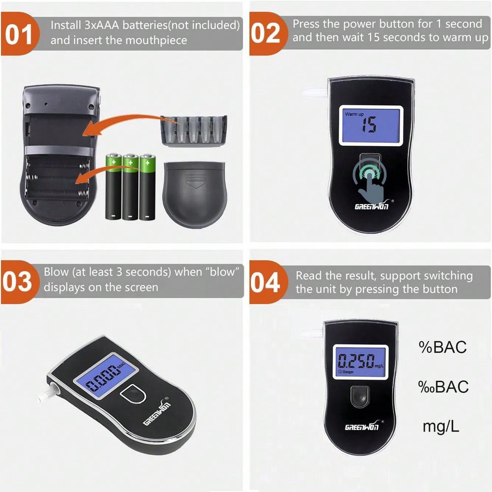 1pc Professional Breathalyzer, Digital Alcohol Tester LCD Screen Display Three Unit Values for