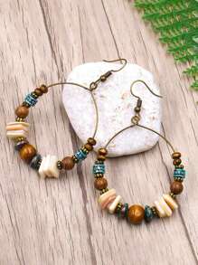 2 件波西米亚风手工串珠耳环，贝壳和木珠环状耳环，适合女士、派对 - 彩色 - 查看 3