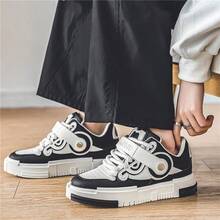 男士帶扣綁帶低幫平底滑板鞋,時尚、休閒、青春,適合學生 - 黑色 - 查看 2