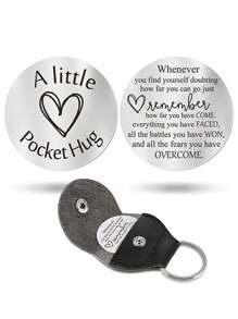 GuoShuang 1pc Stainless Steel Keychain Pendant Double Sided Inspirational Gift With PU Leather Holder - Silver - View 24