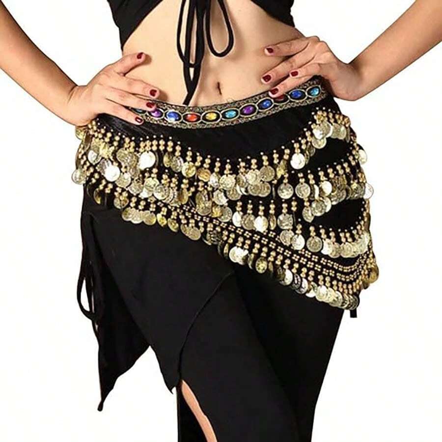 Outfits Belly Dance Glitter Sequins Tassel Skirts, Fashionable Dancing Waist Belt Skirts For Bellydance - Black - View 1