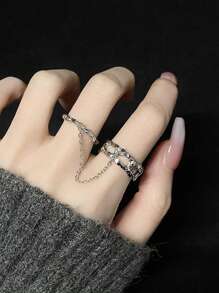 1pc Asymmetrical Lava Stone Joint Ring Suitable For Women's Daily Wear - Silver - View 3