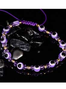 1 Miếng Linh hoạt Tối giản Tím Cầu vồng Nhãn cầu Hạt pha lê Có thể điều chỉnh Dây rút Vòng tay - Màu tím - Xem 1