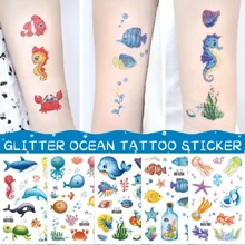 12 Sheets Glitter Ocean Sea Animals Temporary Tattoos For Boys Girls, Cute Design Cartoon Waterproof Underwater Worlds Tattoos, Birthday Party Supplies, Seaside Beach Themed For Party, Stocking Stuffer, Goodie Bags Fillers, Lasting 2-5 Days