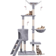 Cat Tree, 145cm Cat Scratch Posts Multi-Level Stable Cat Climbing Tower Cat Activity Trees With Ladder, Indoor Pet Activity Furniture Play House For Kitty Kitten - Grey - View 6