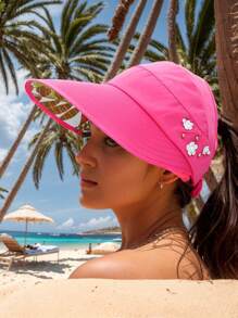 1 pezzo Nuovo cappello da secchio alla moda per donne, da viaggio e all aperto, con protezione solare, a tesa larga e pieghevole, con foro per la coda di cavallo, decorato con perle finte e motivo a foglie, adatto per uso casual quotidiano