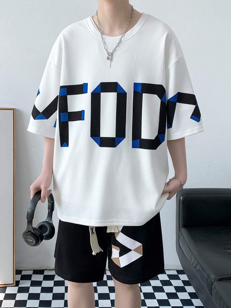 Boyfriend Style Men Casual Streetwear Fashion Set, Loose Fit Letter Print Short Sleeve T-Shirt And Shorts, Perfect For Sports And Leisure - White - View 1