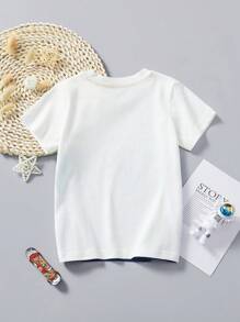 Little Bitty Young Boy Casual Short Sleeve T-Shirt, Cartoon Dinosaur Print, Fashion Outdoor Wear, Spring/Summer - White - View 2