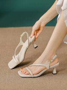 女士高跟涼鞋,方頭設計,扣環綁帶細跟,時尚法式款懶人鞋 - 米色 - 查看 1