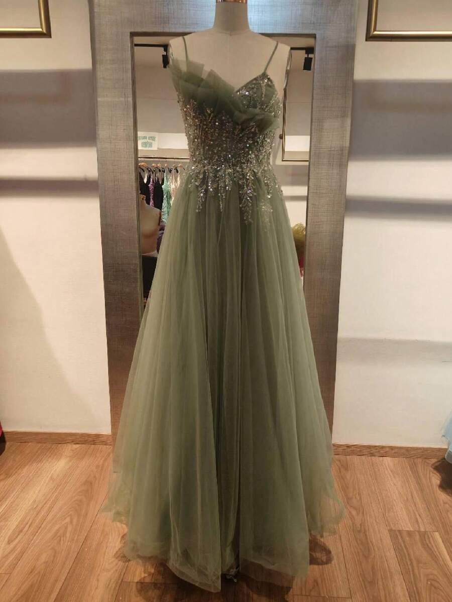 mujer vestido detalle de lentejuera en corset falda tul - Verde - Ver 1