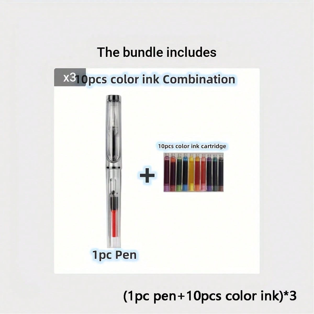 (1pc Pen+10pcs Color Ink)*3,0.38mm Color Transparent Fountain Pen Set ...