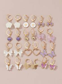 24 件时尚心形、蝴蝶、仿珍珠、蝴蝶结、花朵耳环套装、派对配饰、女孩礼物 - 彩色 - 查看 2