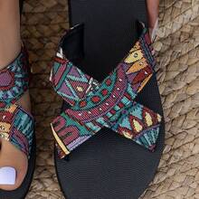 2024新款女性大尺碼交叉帶牛仔布和格子圖案休閒拖鞋,配eva底,適用於戶外和沙灘活動 - 紅色 - 查看 4