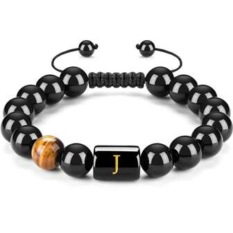 1pc Initial Men's Beaded Woven Bracelet Natural Black Agate Tiger Eye Stone Bead Woven Rope With Meaningful Bracelet