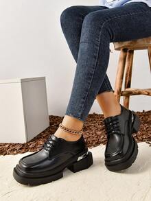 女式時尚綁帶皮革鞋,厚底英倫風格,復古風格萬用方頭粗跟防水台高跟鞋 - 黑色 - 查看 1