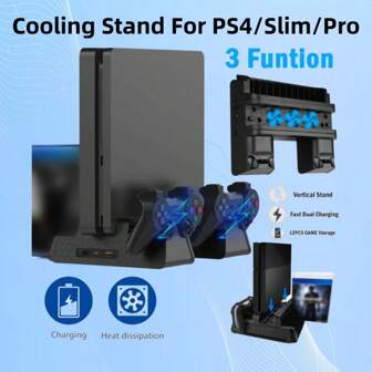For Playstation 4 Stand Cooling Fan Station For Playstation 4/P-S4 Slim/P-S4 Pro Stand With Dual Controller Port Charger LED Indicator Dock Station USB Port Fast Charging And 10 Games Slots
