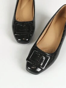 Women Square Toe Low Vamp Comfortable Chunky Heel Soft Work Shoes Solid Color High Heels - Black - View 6