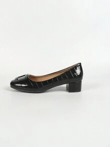 Women Square Toe Low Vamp Comfortable Chunky Heel Soft Work Shoes Solid Color High Heels - Black - View 7