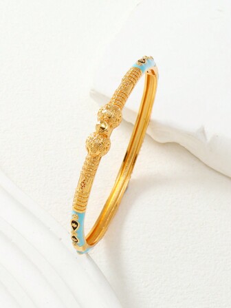 1pc Luxurious Style Copper Drop Oil Light Blue Fine Circle Pattern Bow Knot Decorated Open Bangle Bracelet For Women, Suitable For Dubai Wedding Valentines,Mom,Mother,Mother's Day,Gift