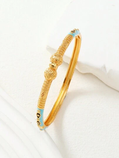 1 件中东奢华铜滴油天蓝色花卉图案蝴蝶结装饰开口手镯，适合斋月、迪拜婚礼
