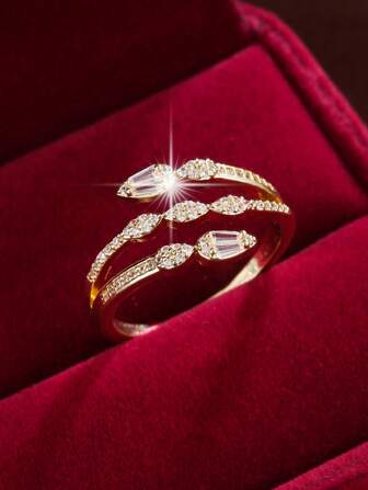 1pc Water Drop Shaped Cubic Zirconia Inlaid Copper Ring For Teenage Girls