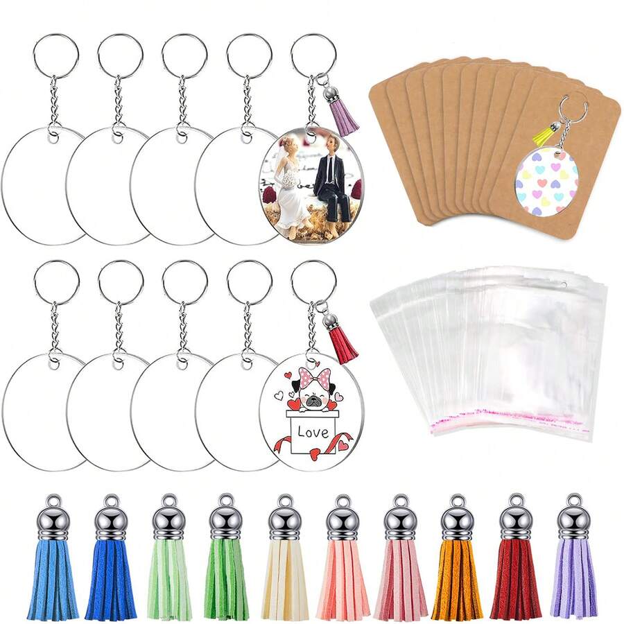 40入組2 Inch亞克力鑰匙扣空白設定,透明圓形亞克力批量空白,包含鑰匙扣環,展示卡,包裝袋,跳環,流蘇,適用於diy鑰匙扣,耳環和手工藝項目 - 彩色 - 查看 1