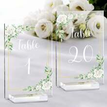 1 set de 20 numéros de table de mariage acryliques avec support, signalisation claire de 4x6 pouces avec numéros de table imprimés, meilleurs cadeaux, décoration de mariage, décoration de la maison, décoration de chambre, cadeaux de fête, décoration d'anniversaire de mariage, décoration de remise des diplômes, décoration de fête de jeune fille - fleur de rose blanche - Voir 1