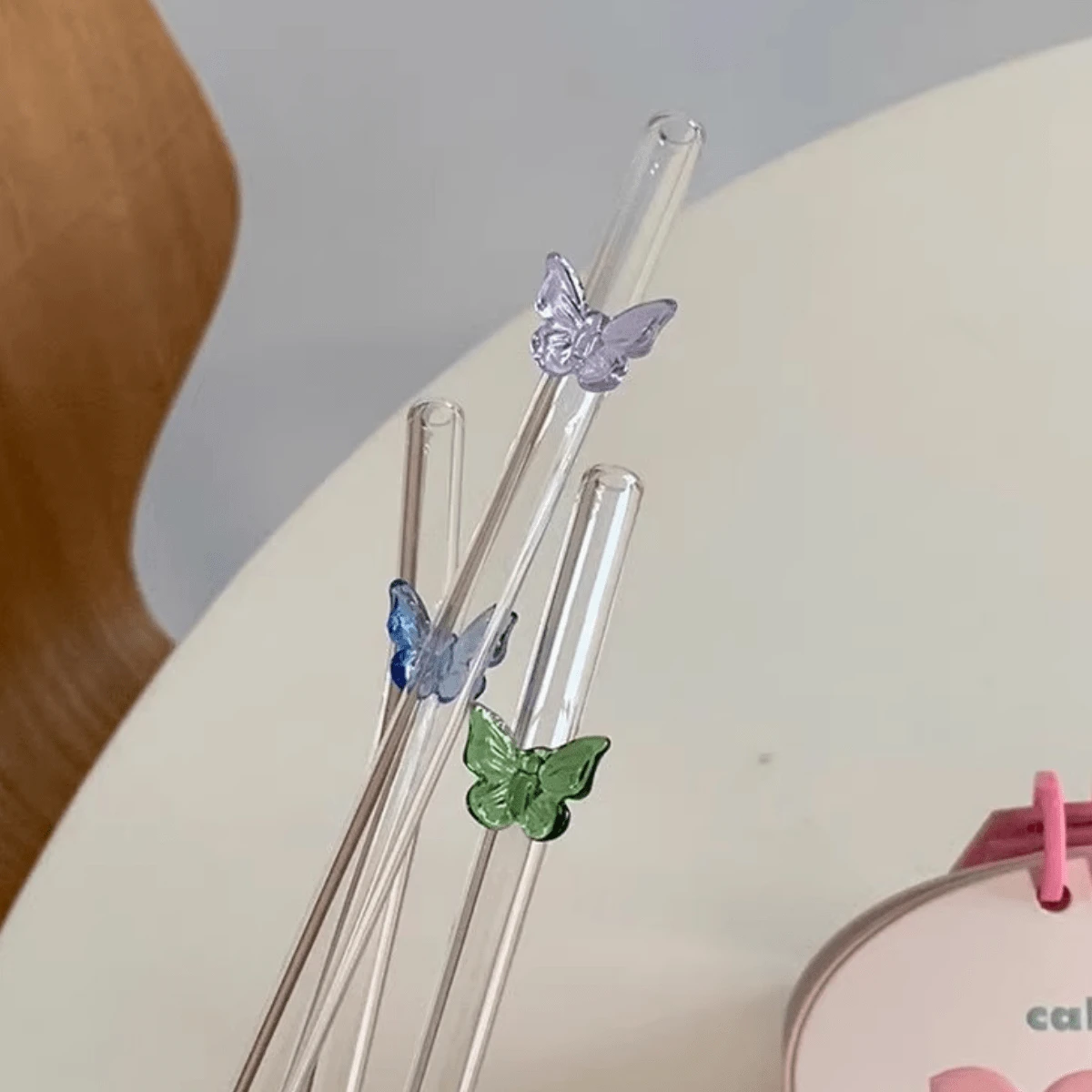 1pc Colorful Butterfly HeatResistant Glass Straw, Curved For Drinking