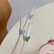 1 Stück bunter, hitzebeständiger Schmetterling-Glasstrohhalm, gekrümmt zum Trinken von Eistee, Saft und Milch ohne die Lippen zu verbrennen, Küche, Weihnachtsgeschenk - Violett - Übersicht 6