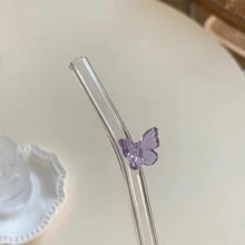 1 Stück bunter, hitzebeständiger Schmetterling-Glasstrohhalm, gekrümmt zum Trinken von Eistee, Saft und Milch ohne die Lippen zu verbrennen, Küche, Weihnachtsgeschenk - Violett - Übersicht 4